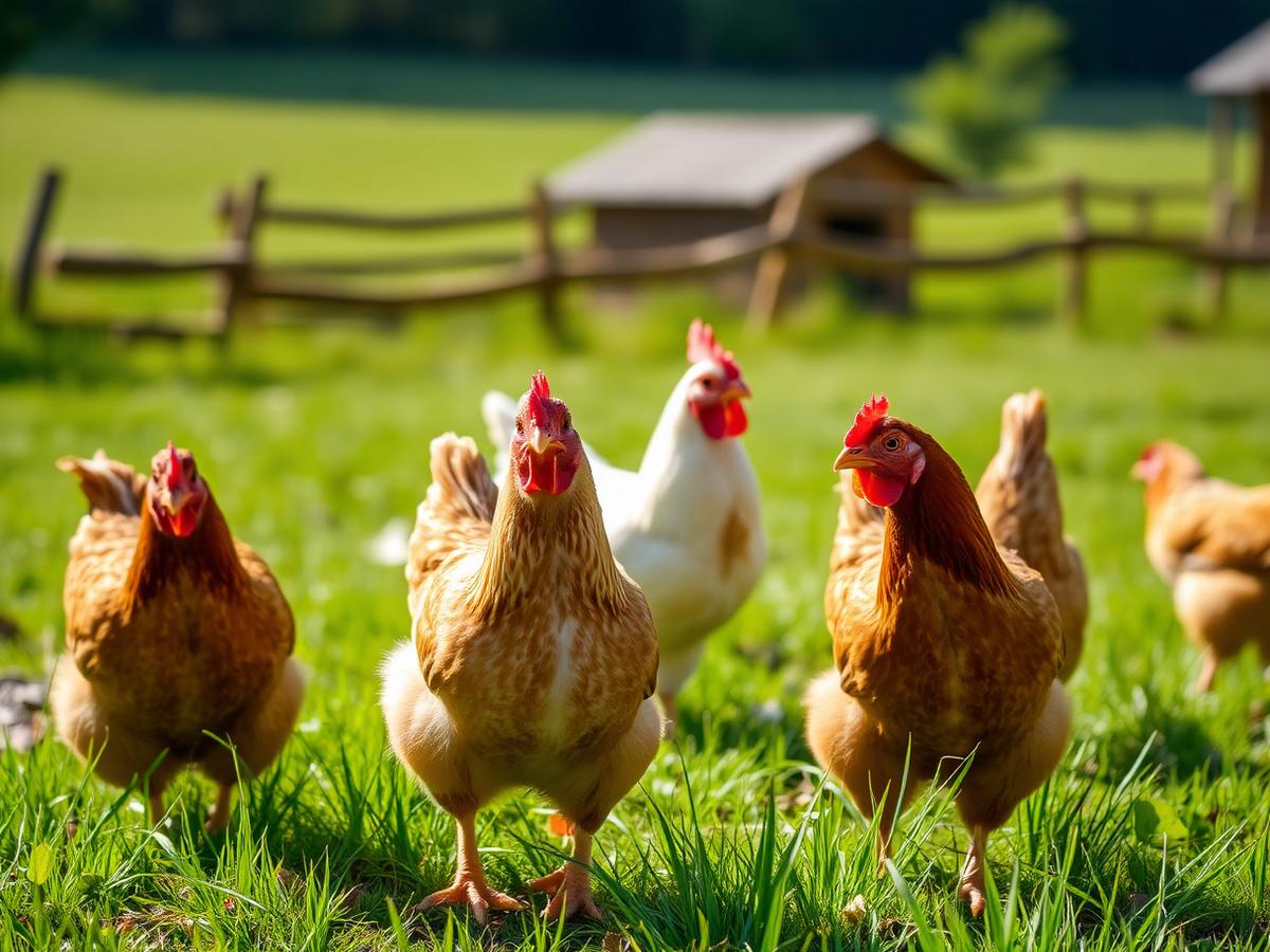 Free-range hens grazing in a green pasture