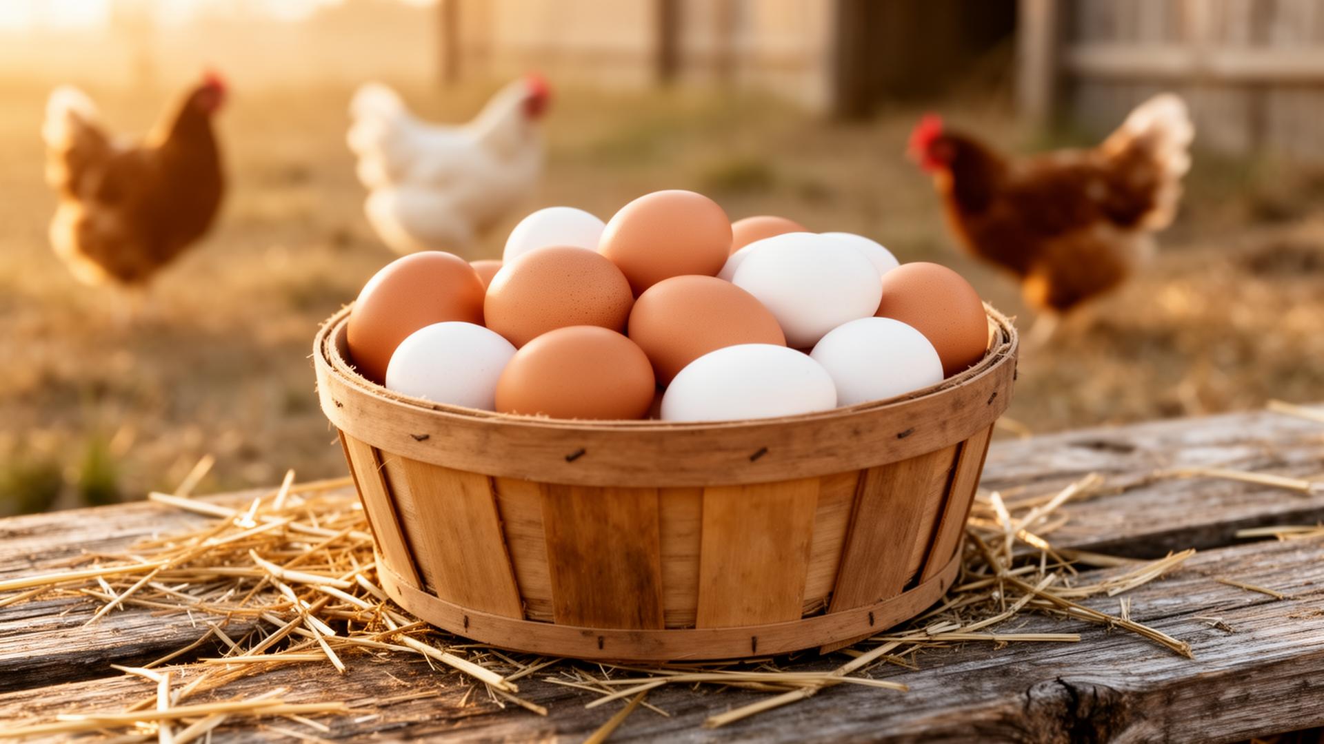 Wooden basket of fresh farm eggs with hens in the background